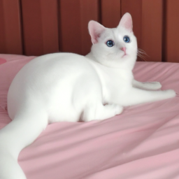 一只雪白优雅且趴在床上的猫,看起来很好奇的样子